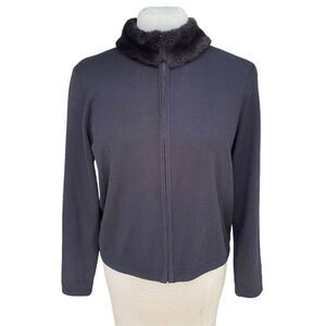 Nina Leonard Classic Zip Cardi w/Faux Fur Collar Sz L Long Sleeve Wool Blend